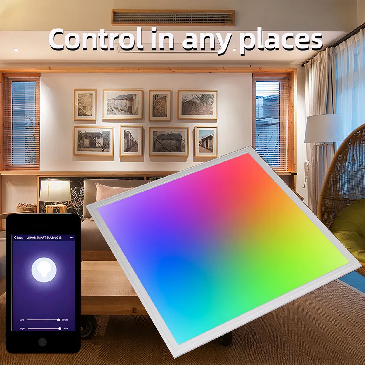 600 by 600mm Smart RGB&CCT Backlit Ceiling LED Panel Light, Remote, APP & Voice Control