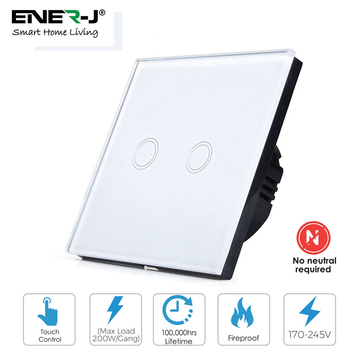Smart WiFi Touch Switch 2 Gang, White Body, No Neutral Needed