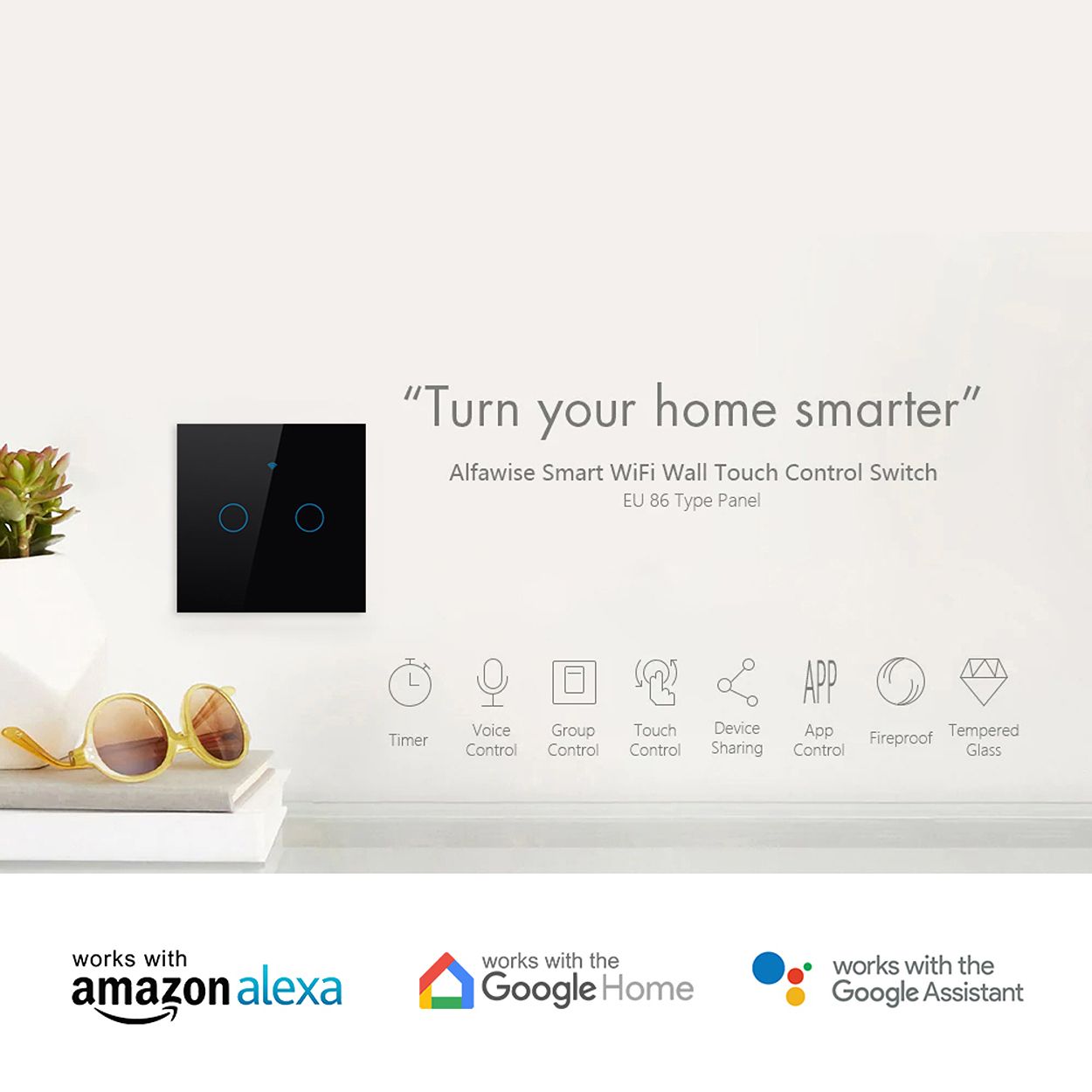 Smart Touch Switch Black 2 Gang without Neutral Wire