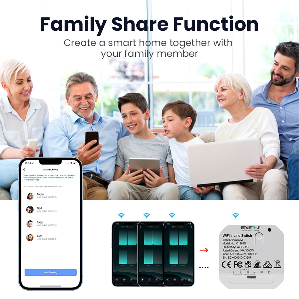 ENER-J Smart WiFi Light Switch Module 1 CH, App & Voice, Compatible with Alexa & Google Assistant