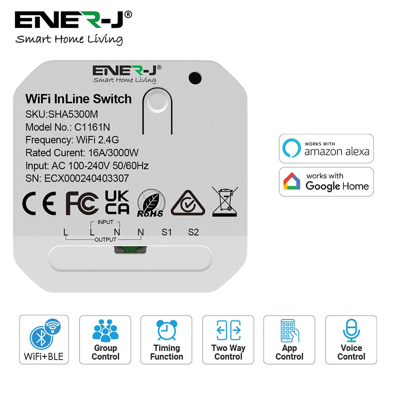 ENER-J Smart WiFi Light Switch Module 1 CH, App & Voice, Compatible with Alexa & Google Assistant