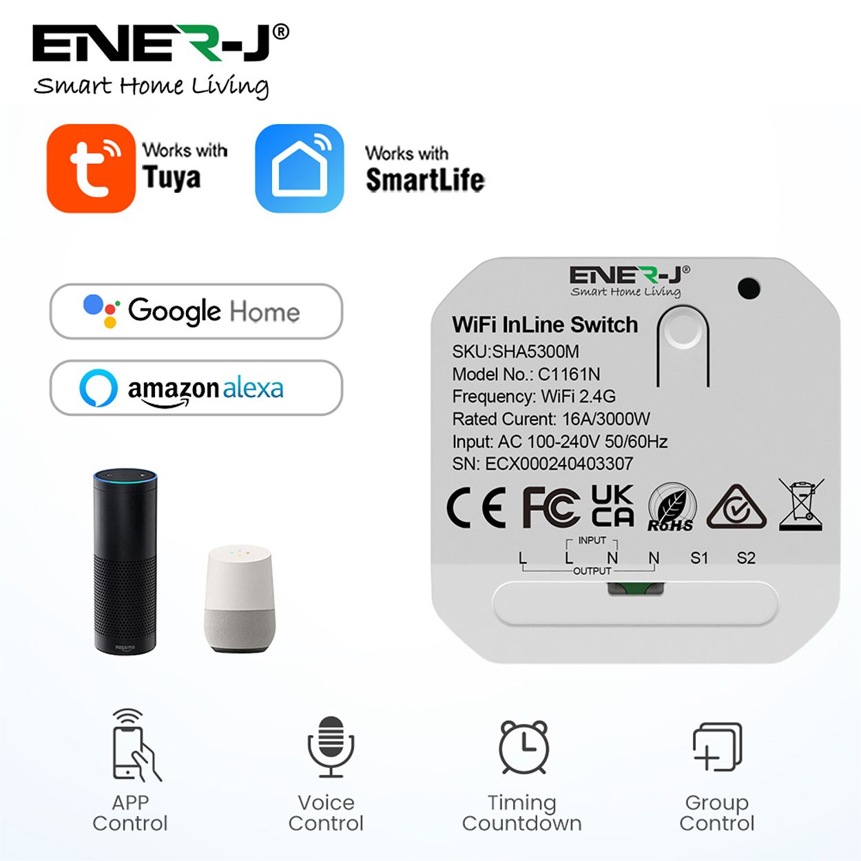 ENER-J Smart WiFi Light Switch Module 1 CH, App & Voice, Compatible with Alexa & Google Assistant