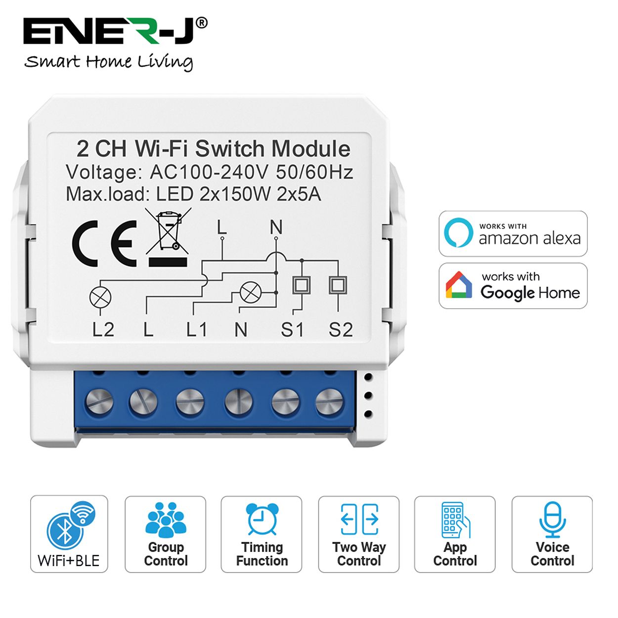 ENER-J Smart WiFi Light Switch Module 2 CH, App & Voice, Compatible with Alexa & Google Assistant