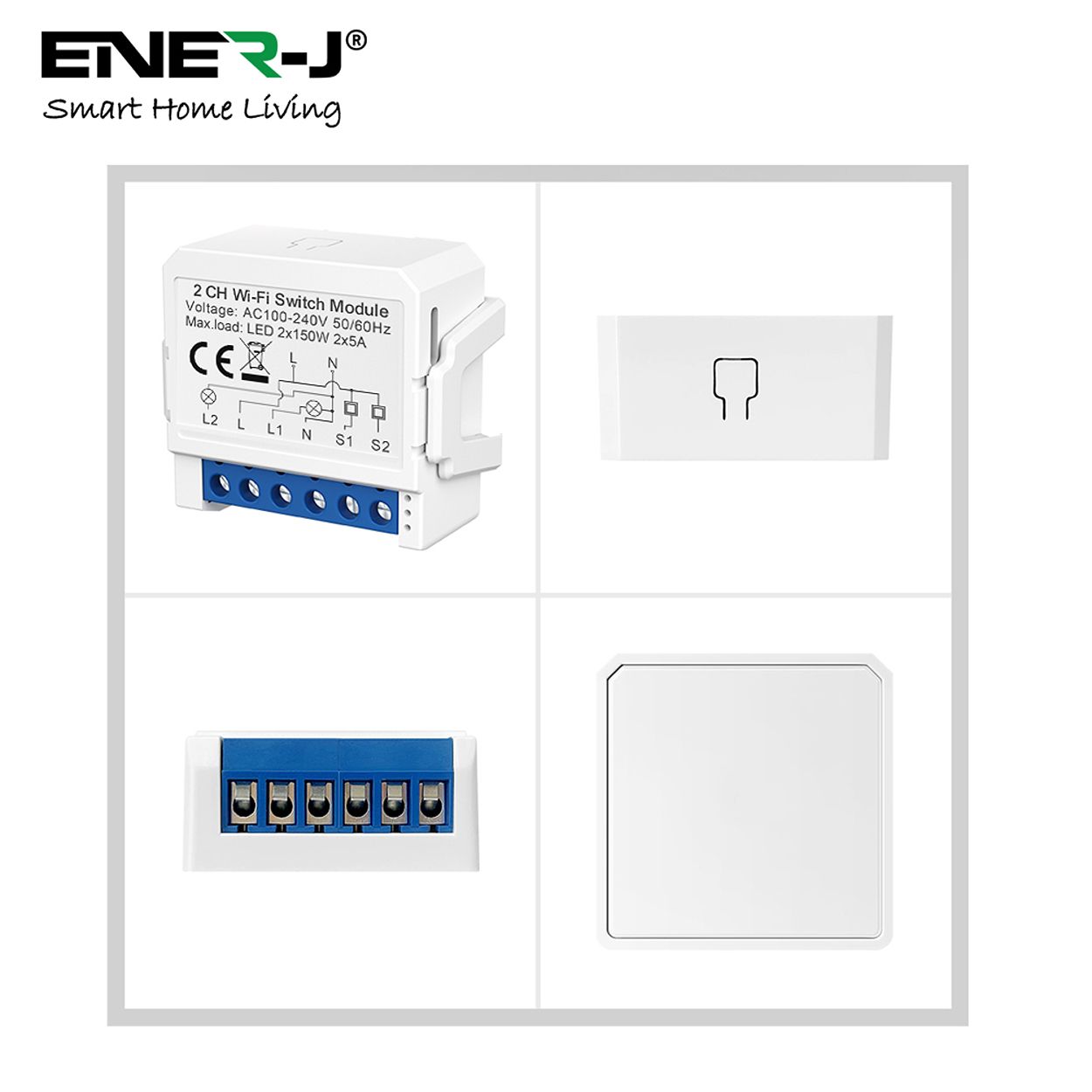 ENER-J Smart WiFi Light Switch Module 2 CH, App & Voice, Compatible with Alexa & Google Assistant