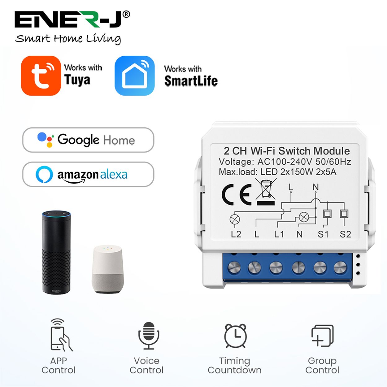 ENER-J Smart WiFi Light Switch Module 2 CH, App & Voice, Compatible with Alexa & Google Assistant