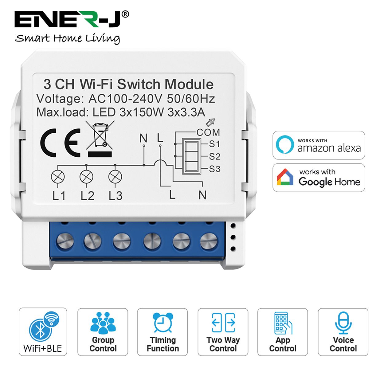 ENER-J Smart WiFi Light Switch Module 3 CH, App & Voice, Compatible with Alexa & Google Assistant