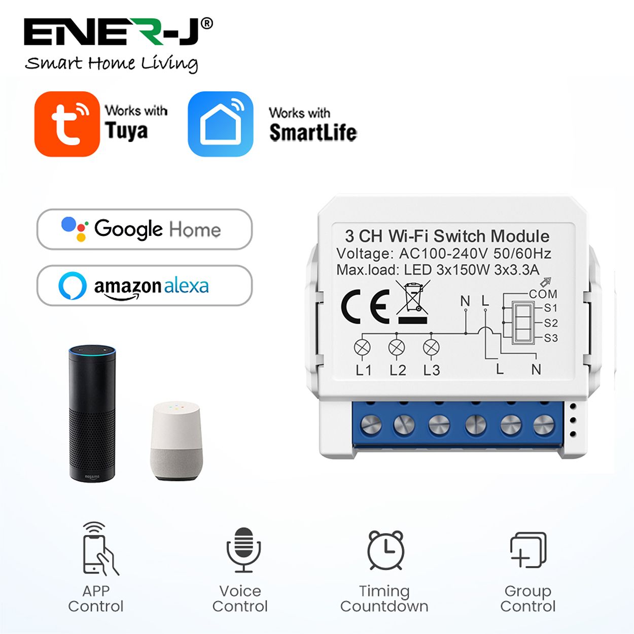 ENER-J Smart WiFi Light Switch Module 3 CH, App & Voice, Compatible with Alexa & Google Assistant