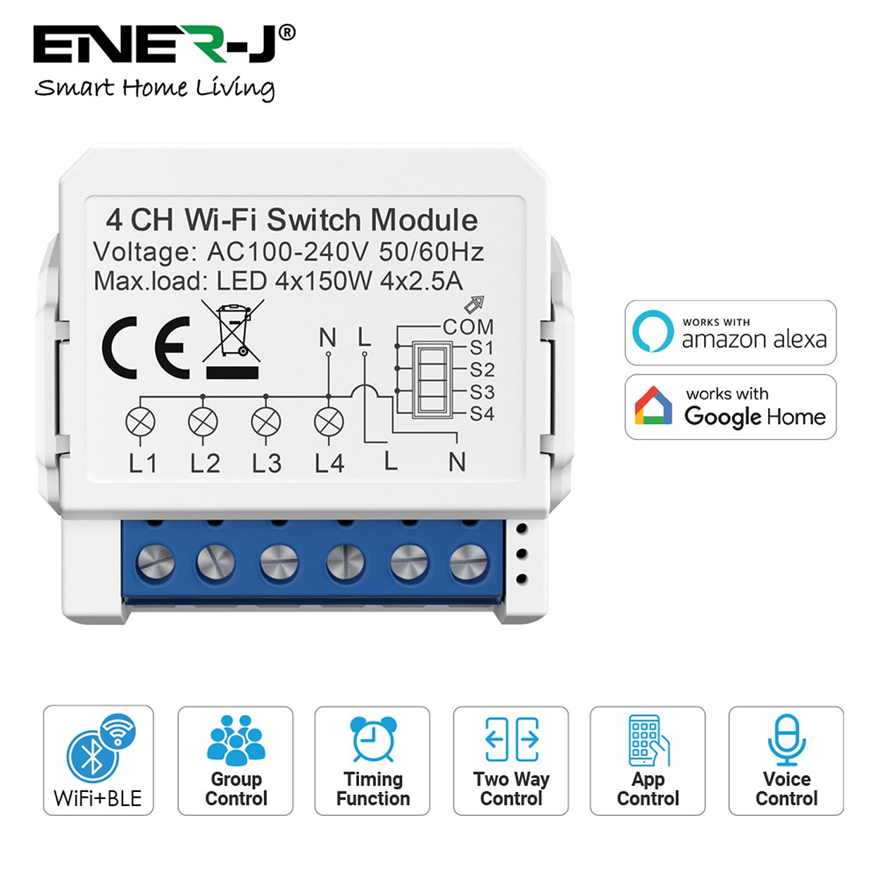 ENER-J Smart WiFi Light Switch Module 4 CH, App & Voice, Compatible with Alexa & Google Assistant
