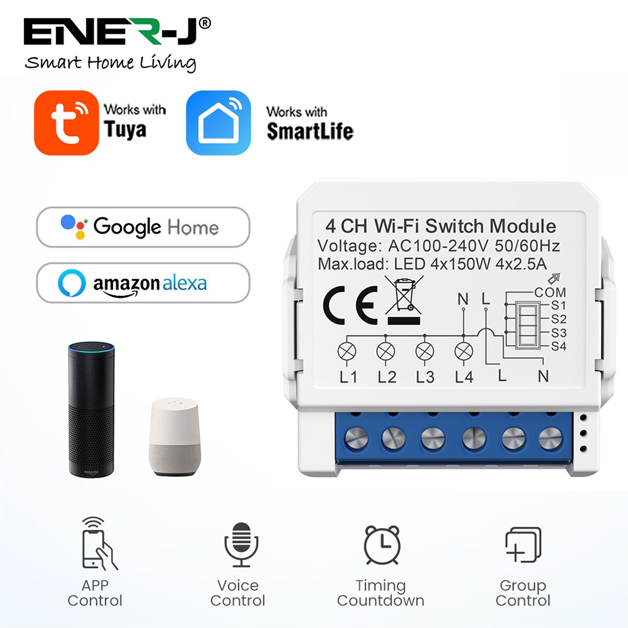 ENER-J Smart WiFi Light Switch Module 4 CH, App & Voice, Compatible with Alexa & Google Assistant