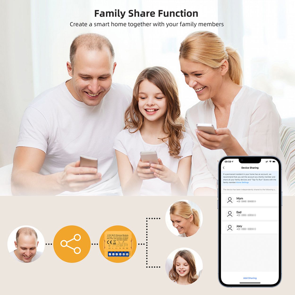 Smart WiFi Dimmable Light Switch Module 2 CH, Seamless Brightness Control with App & Voice