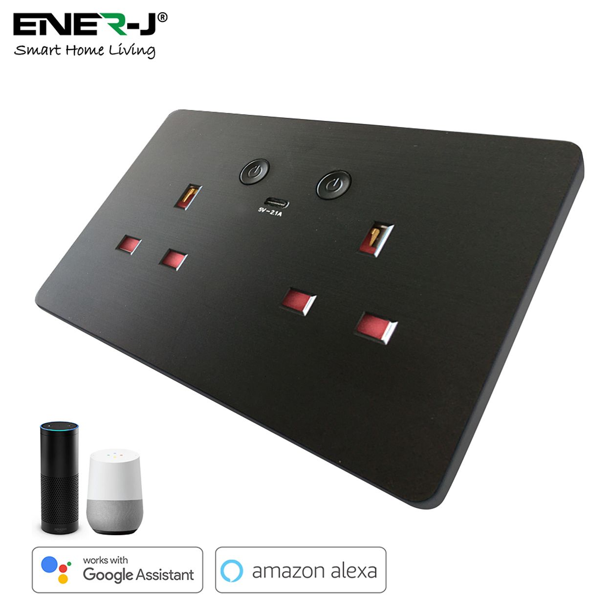 Smart WiFi Twin Socket 13A & 2.1A Micro USB, Black Body, APP & Voice Control