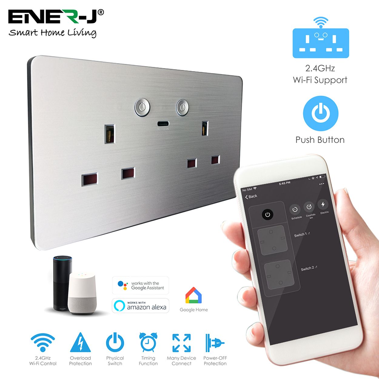 Smart WiFi Twin Socket 13A & 2.1A Micro USB, Silver Body, APP & Voice Control