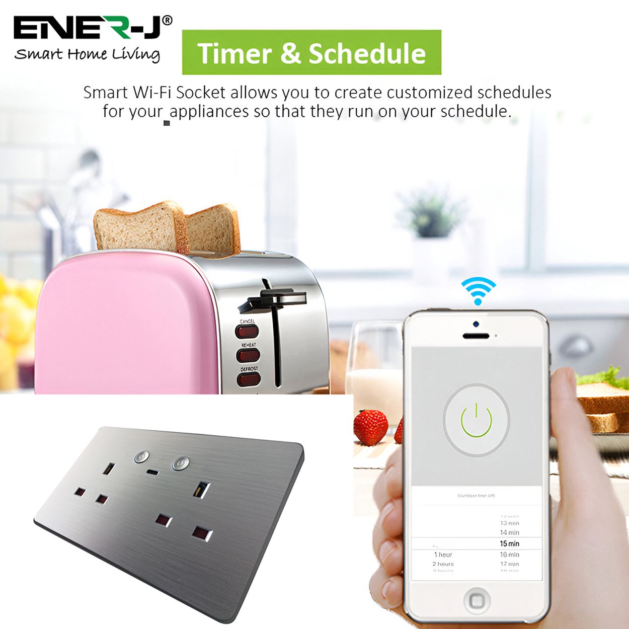 Smart WiFi Twin Socket 13A & 2.1A Micro USB, Silver Body, APP & Voice Control