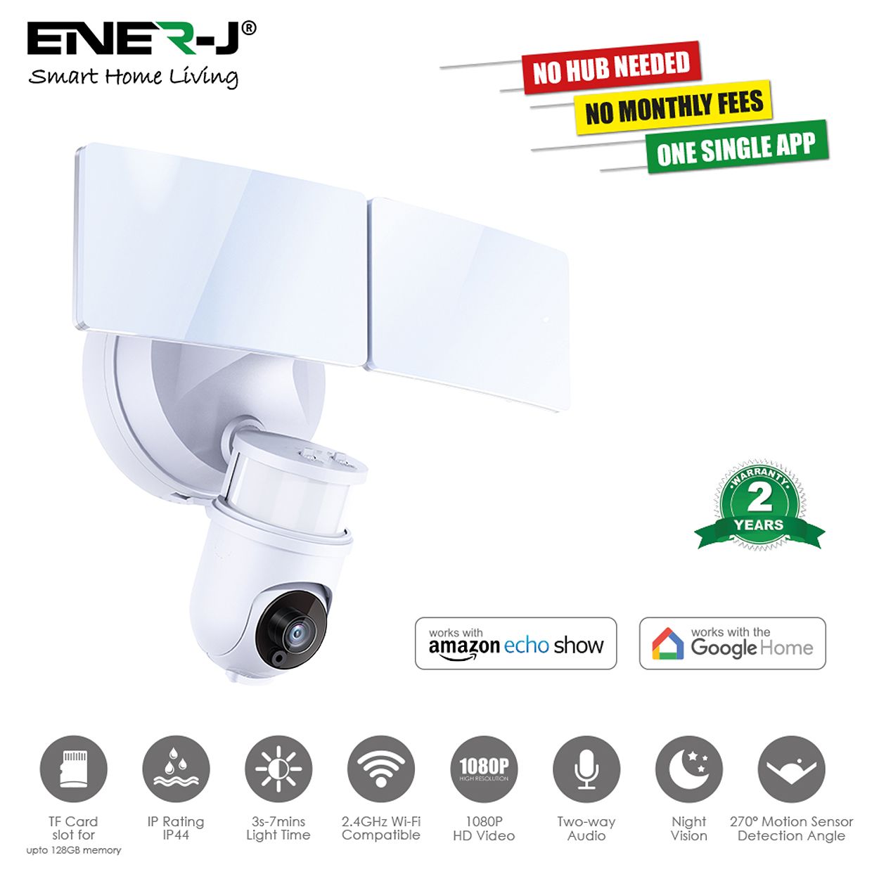 Smart WiFi Twin Floodlight with PIR, 1080P PTZ Camera and Inbuilt Siren, White Body