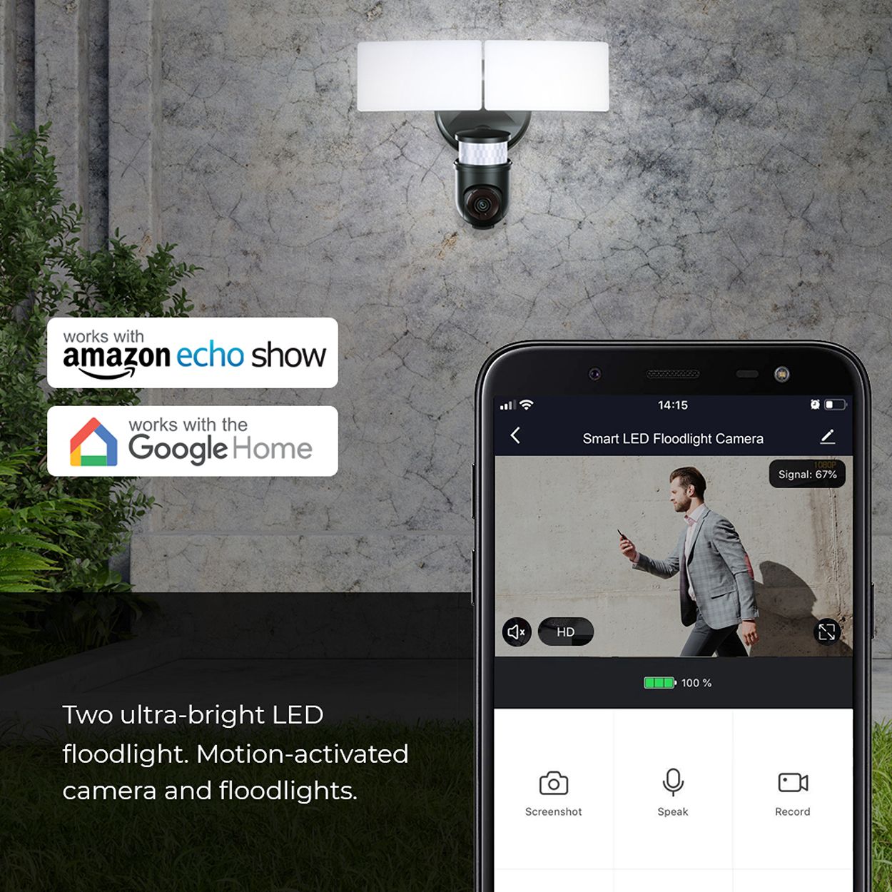 Smart WiFi Twin Floodlight with PIR, 1080P PTZ Camera and Inbuilt Siren, Black Body