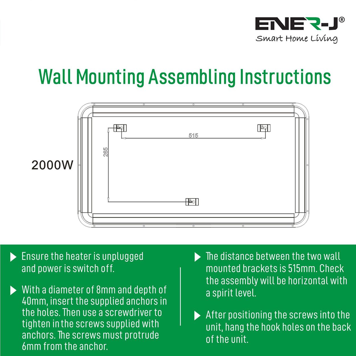 Smart Heater 2000W White Tempered Glass, Manual, APP & Voice Control