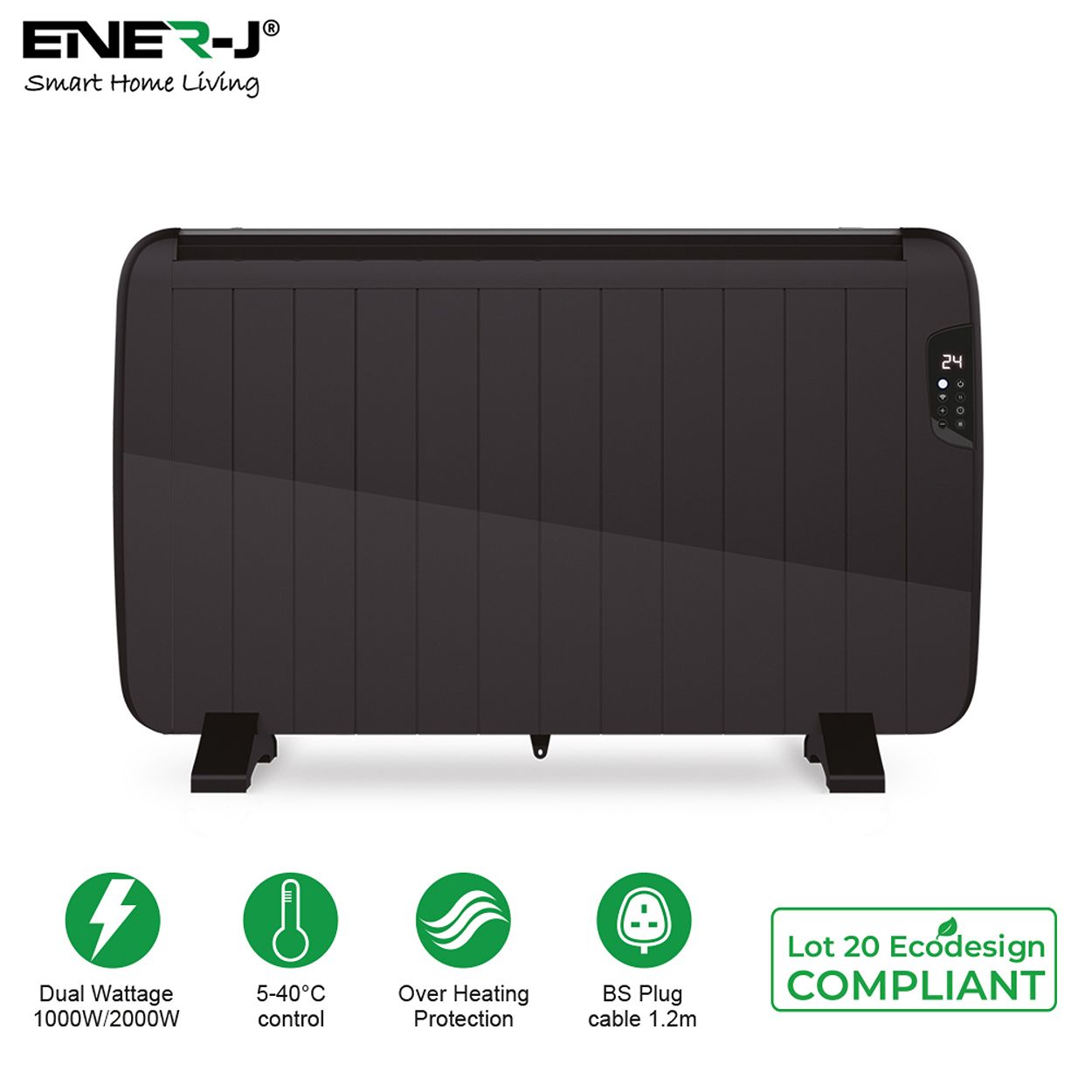 Smart WiFi Electric Radiator Heater Black Body 2000W