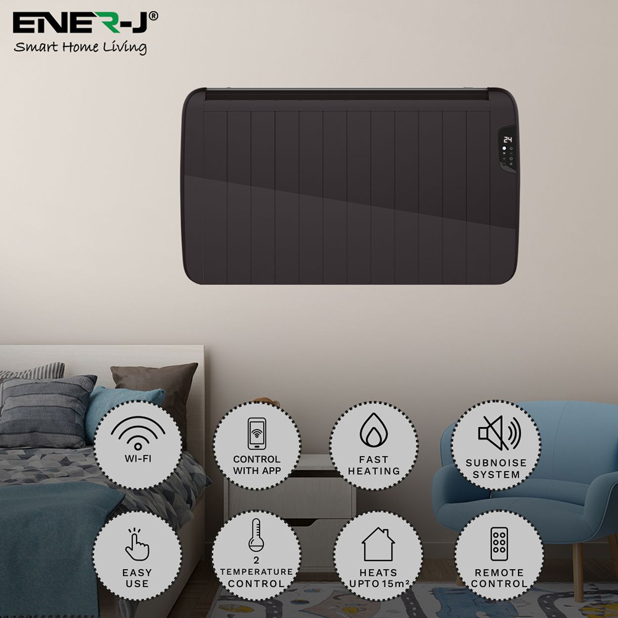 Smart WiFi Electric Radiator Heater Black Body 2000W