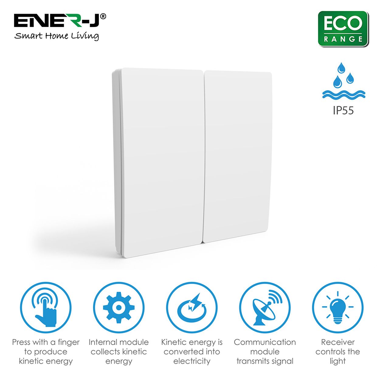 2 Gang Wireless Kinetic Switch White Body, IP65 - ECO Series