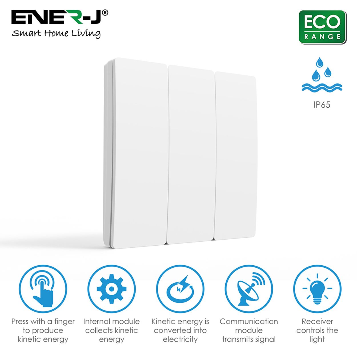 3 Gang Wireless Kinetic Switch White Body, IP55 - ECO Series