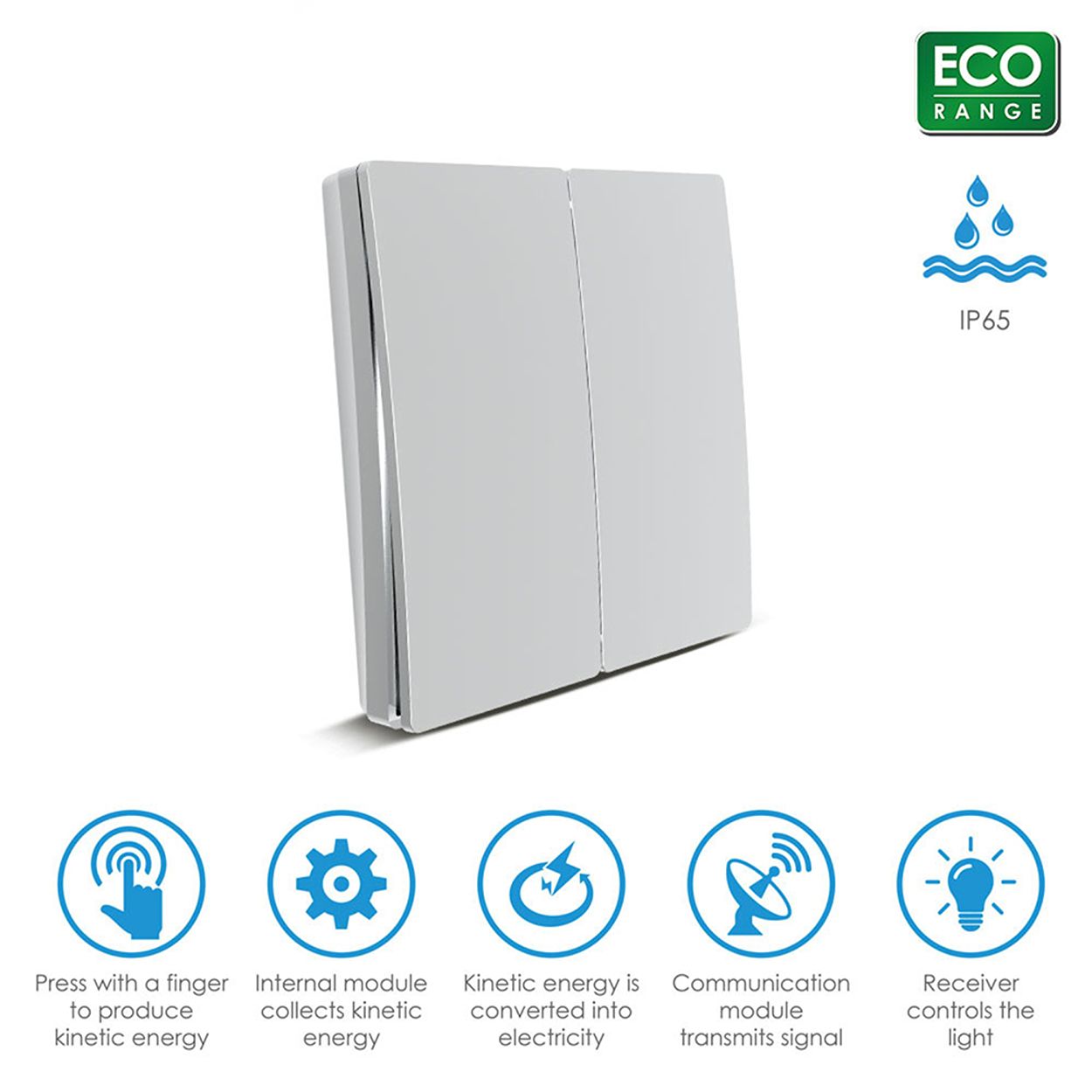 2 Gang Wireless Kinetic Switch Silver Body, IP65 - ECO Series