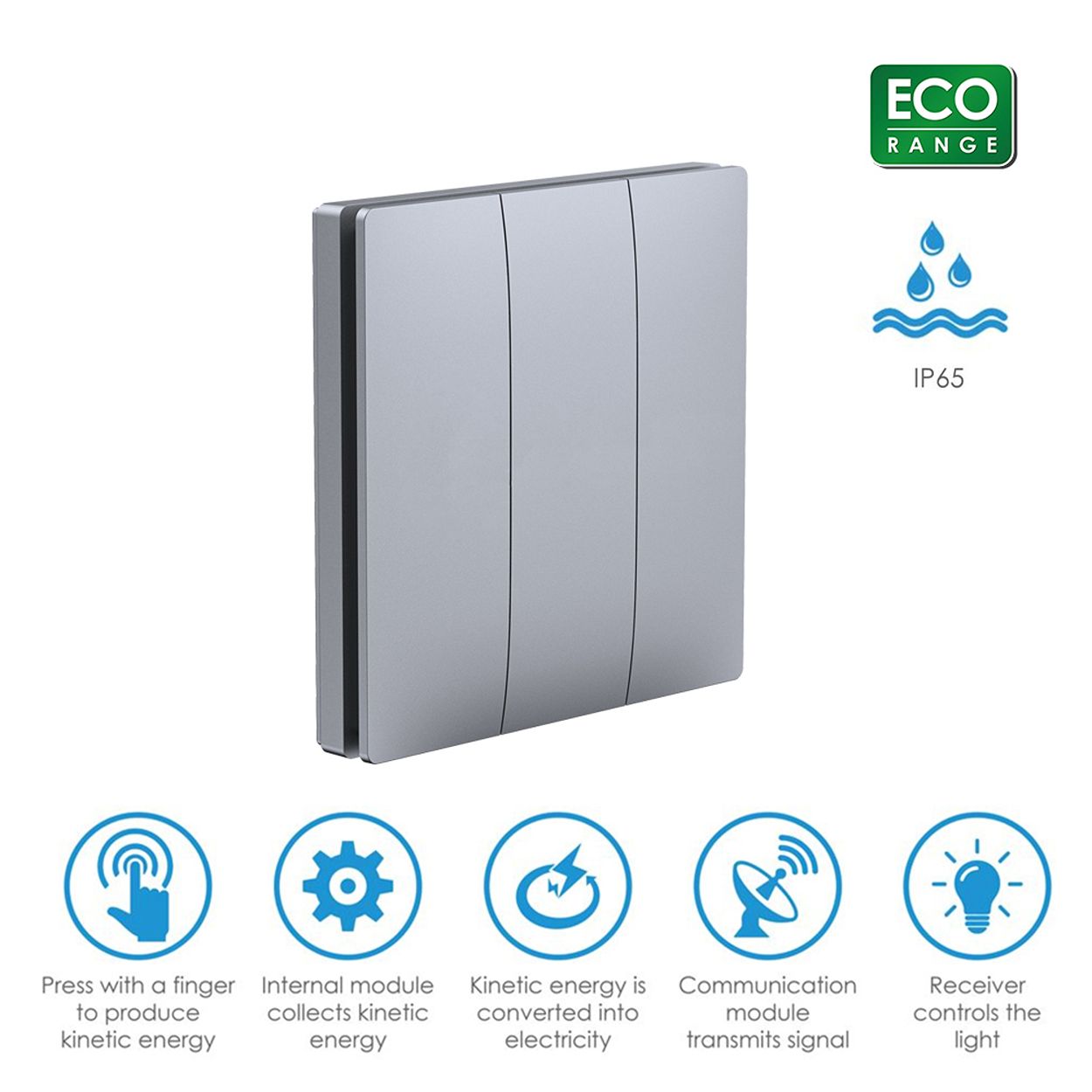 3 Gang Wireless Kinetic Switch Silver Body, IP55 - ECO Series