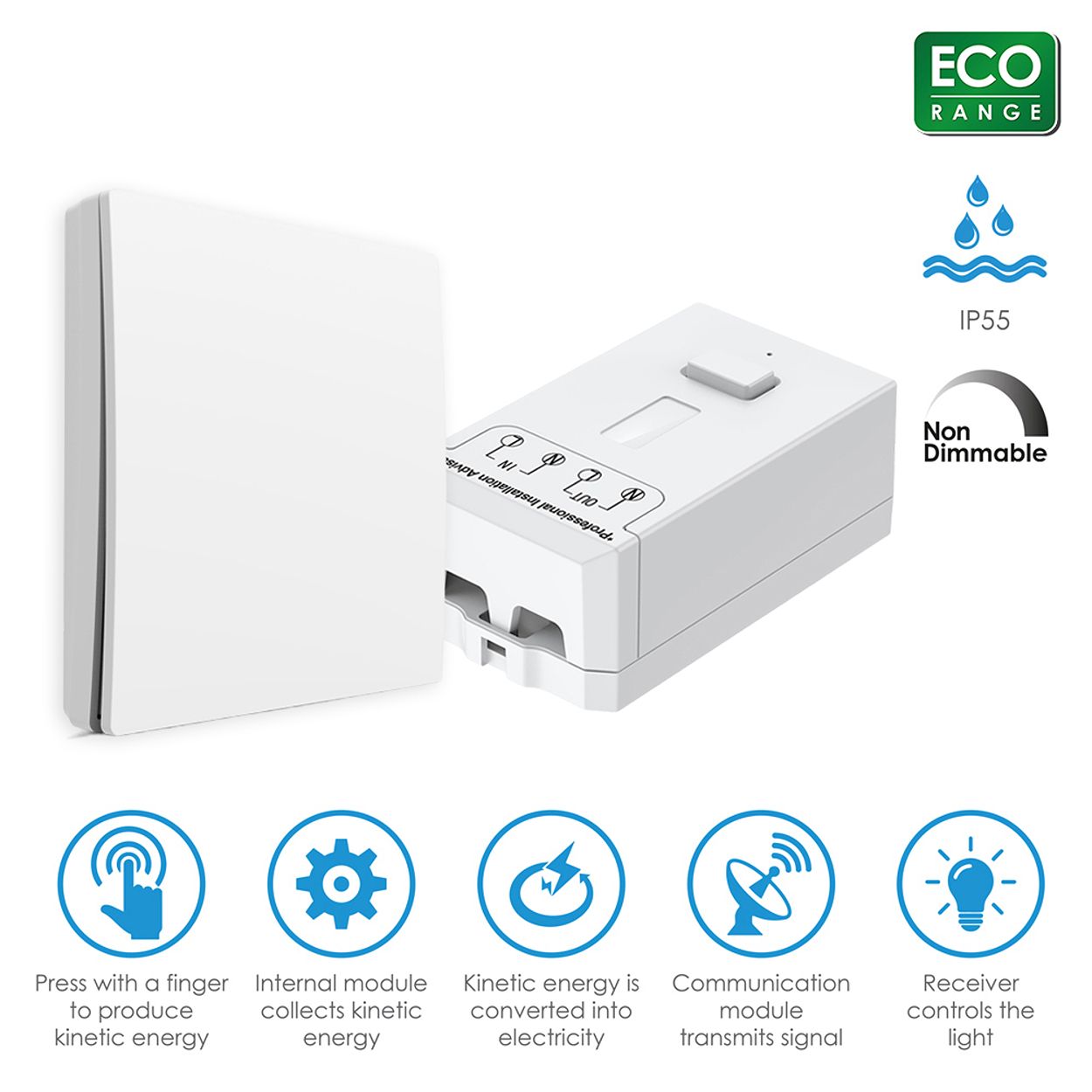 1 Gang Wireless Kinetic Switch White Finish & 500W RF Receiver, ECO Series