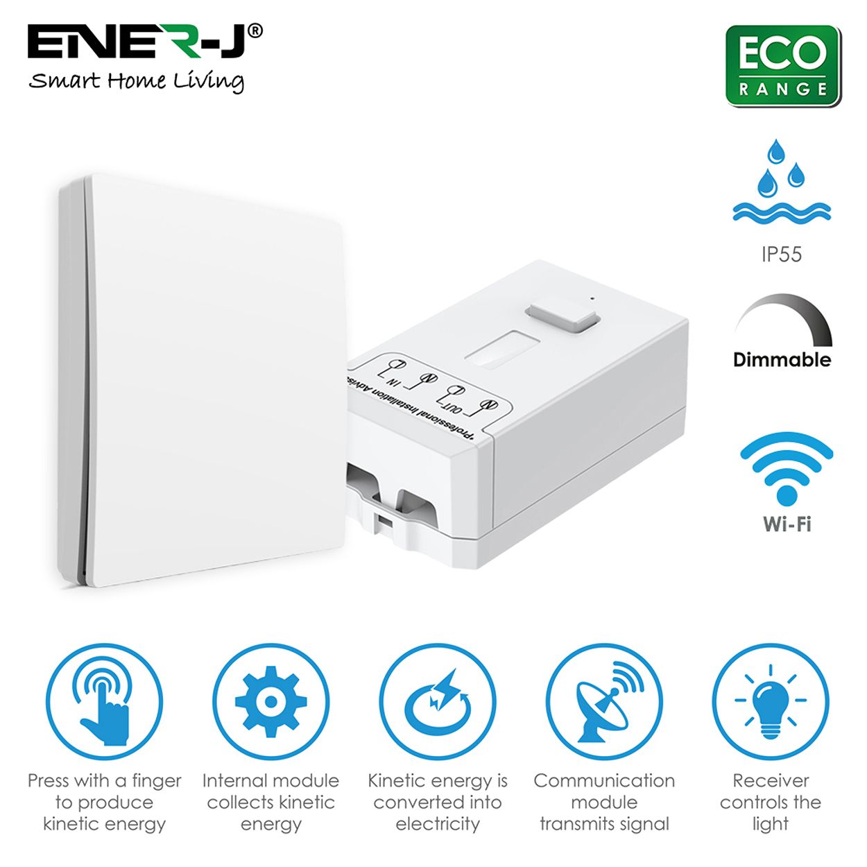 1 Gang Wireless Kinetic Switch White Finish & 150W RF&WiFi Dimmable Receiver, ECO Series
