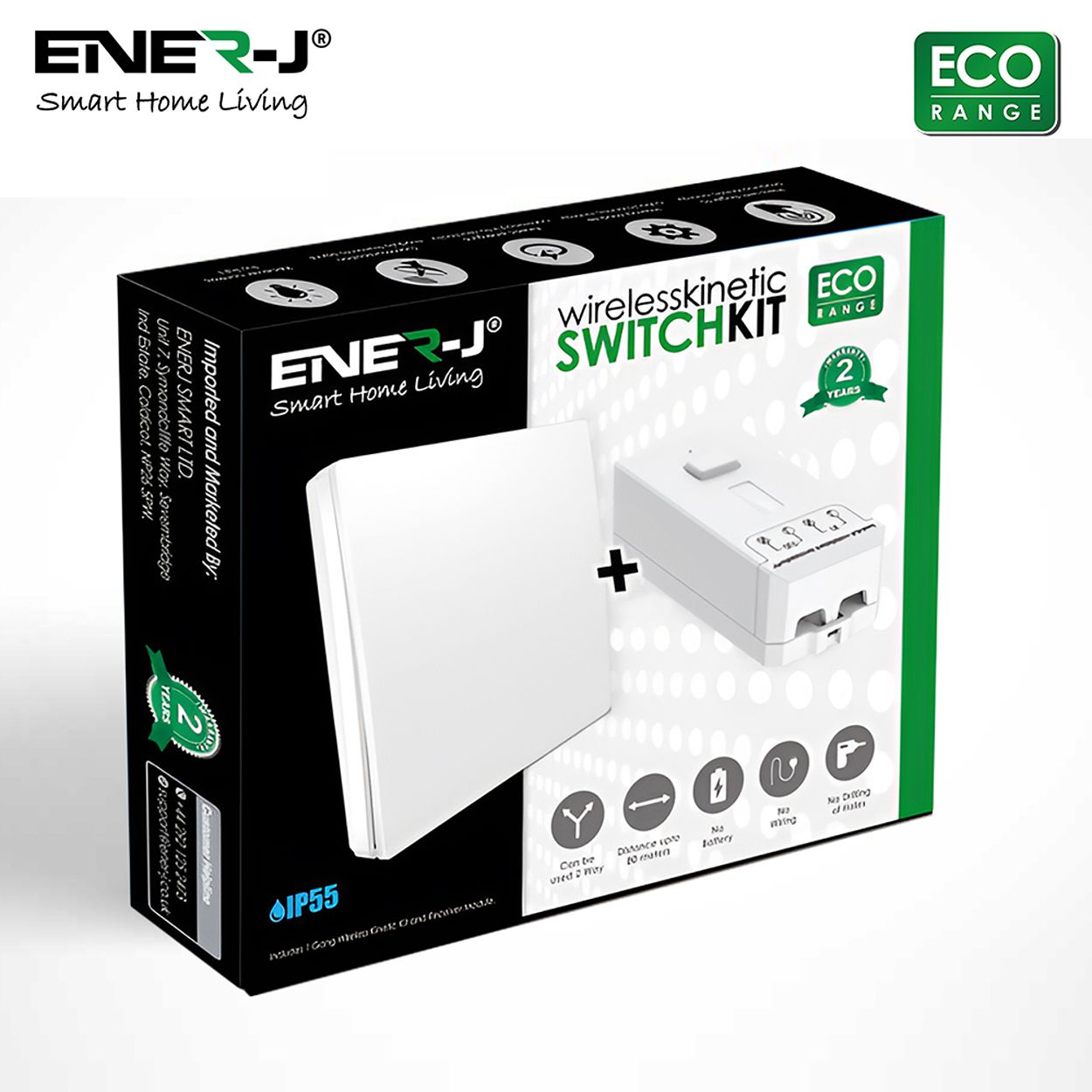 1 Gang Wireless Kinetic Switch White Finish & 150W RF&WiFi Dimmable Receiver, ECO Series