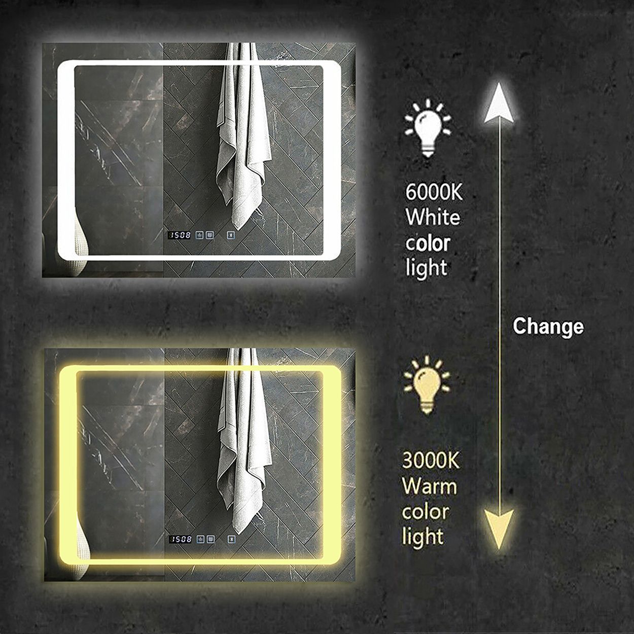 800 by 600 mm LED Bathroom Mirror with Bluetooth Speaker, Heated Demister, Touch Control, 3 Colors