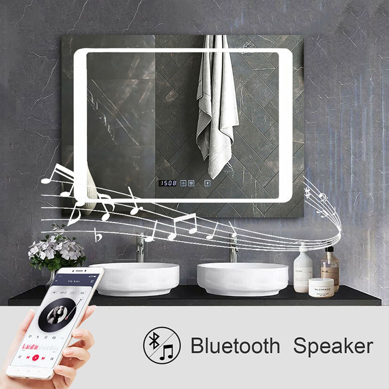 800 by 600 mm LED Bathroom Mirror with Bluetooth Speaker, Heated Demister, Touch Control, 3 Colors