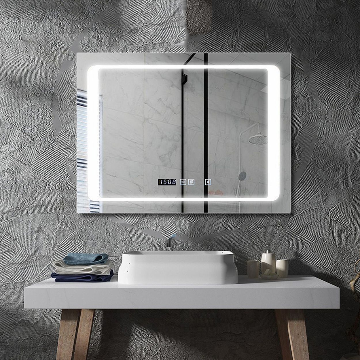 800 by 600 mm LED Bathroom Mirror with Bluetooth Speaker, Heated Demister, Touch Control, 3 Colors