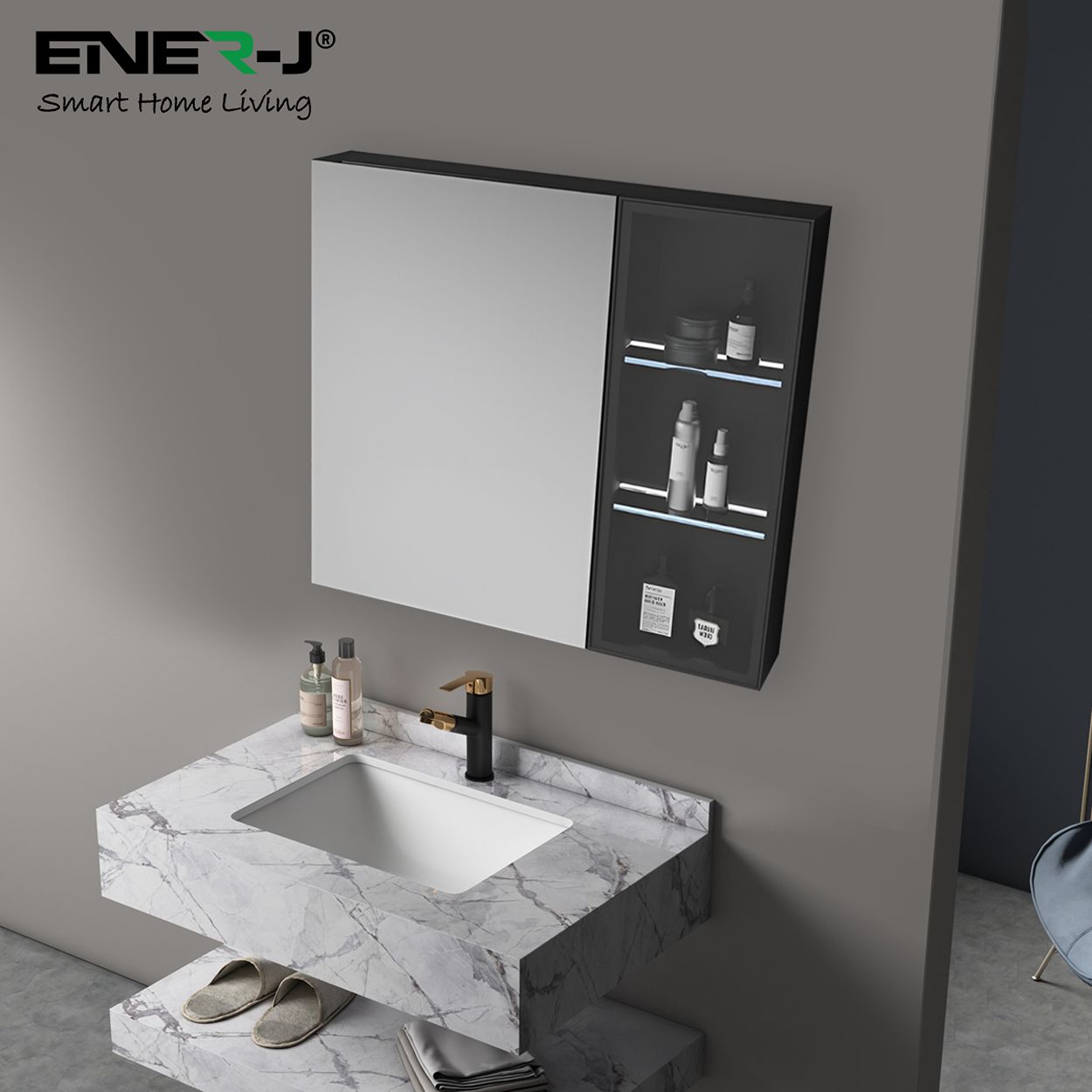 Black Aluminum LED Mirror Cabinet - Sleek Rectangular Design, 75x68 cm