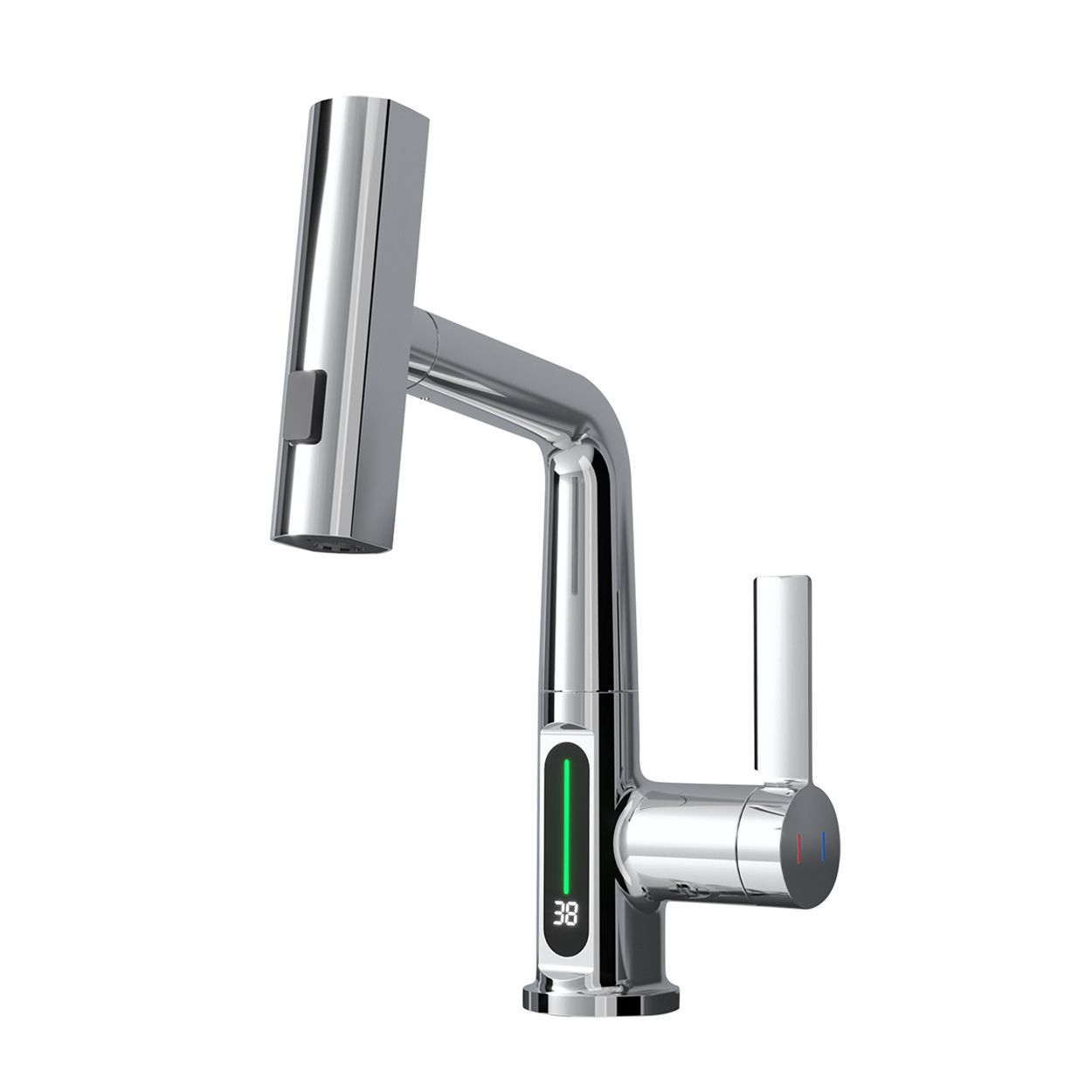 Single Hole Basin Faucet with Waterfall, Pull Out Sprayer and LED Temperature Display, Chrome Silver