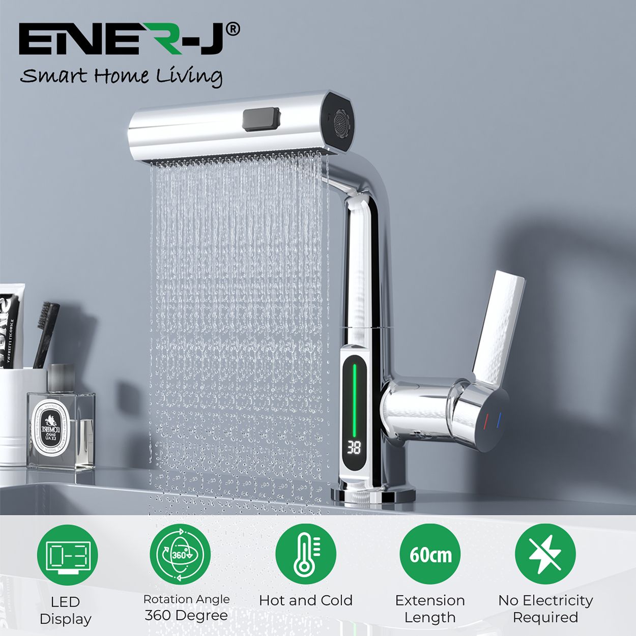 Single Hole Basin Faucet with Waterfall, Pull Out Sprayer and LED Temperature Display, Chrome Silver