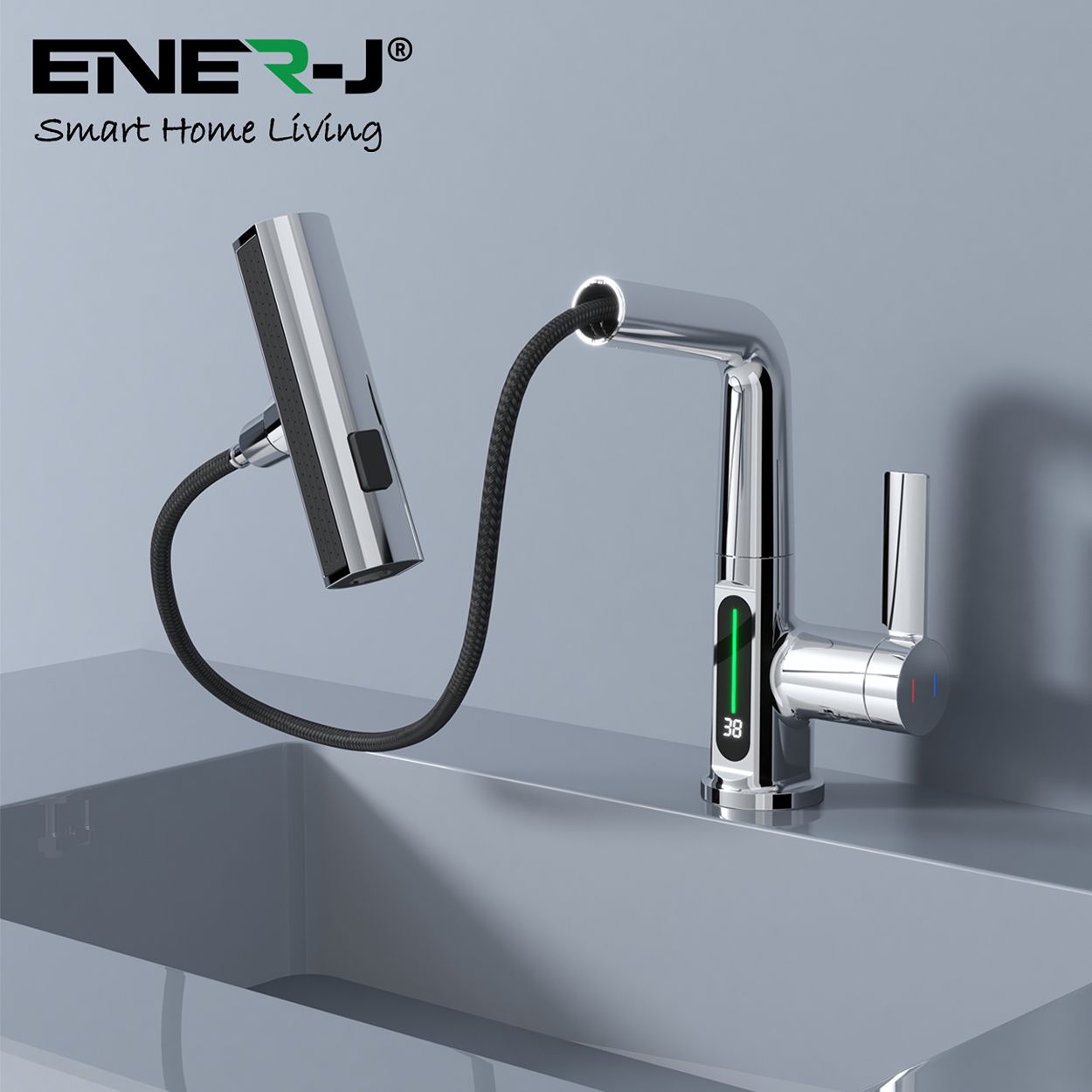 Single Hole Basin Faucet with Waterfall, Pull Out Sprayer and LED Temperature Display, Chrome Silver