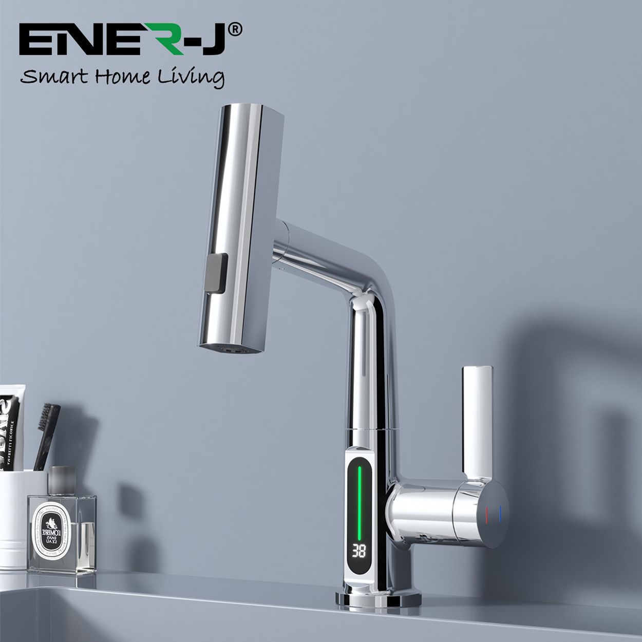 Single Hole Basin Faucet with Waterfall, Pull Out Sprayer and LED Temperature Display, Chrome Silver