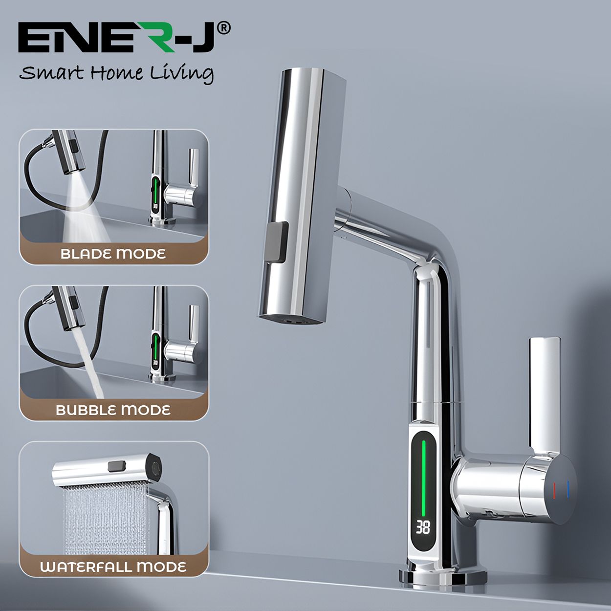 Single Hole Basin Faucet with Waterfall, Pull Out Sprayer and LED Temperature Display, Chrome Silver