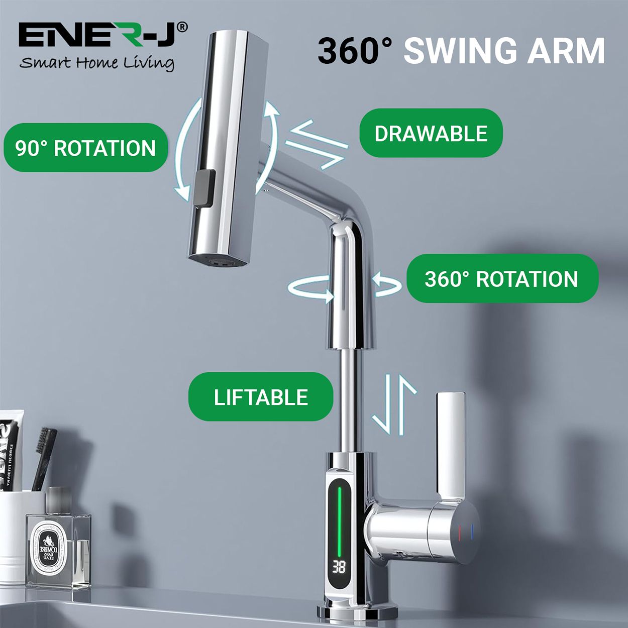 Single Hole Basin Faucet with Waterfall, Pull Out Sprayer and LED Temperature Display, Chrome Silver