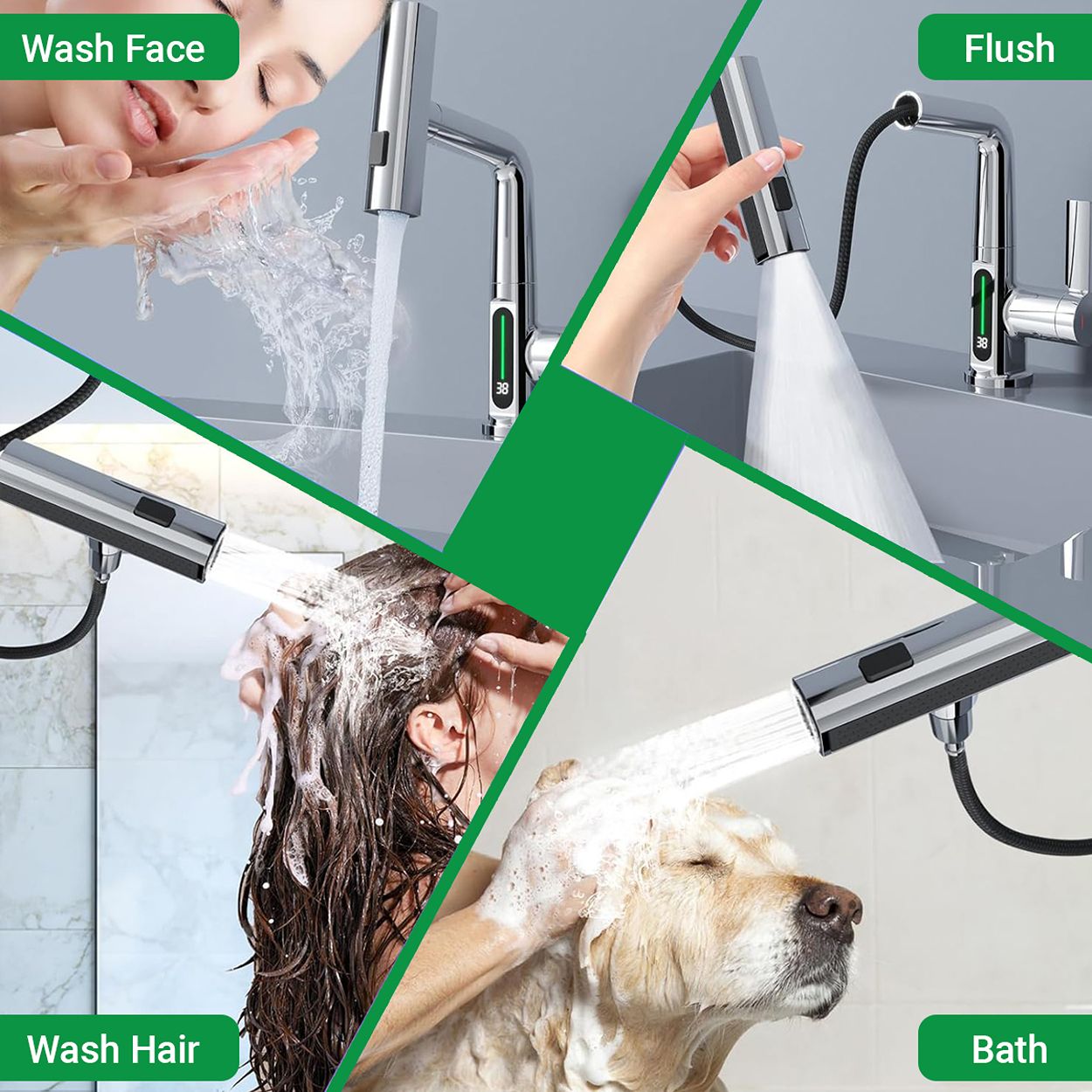 Single Hole Basin Faucet with Waterfall, Pull Out Sprayer and LED Temperature Display, Chrome Silver