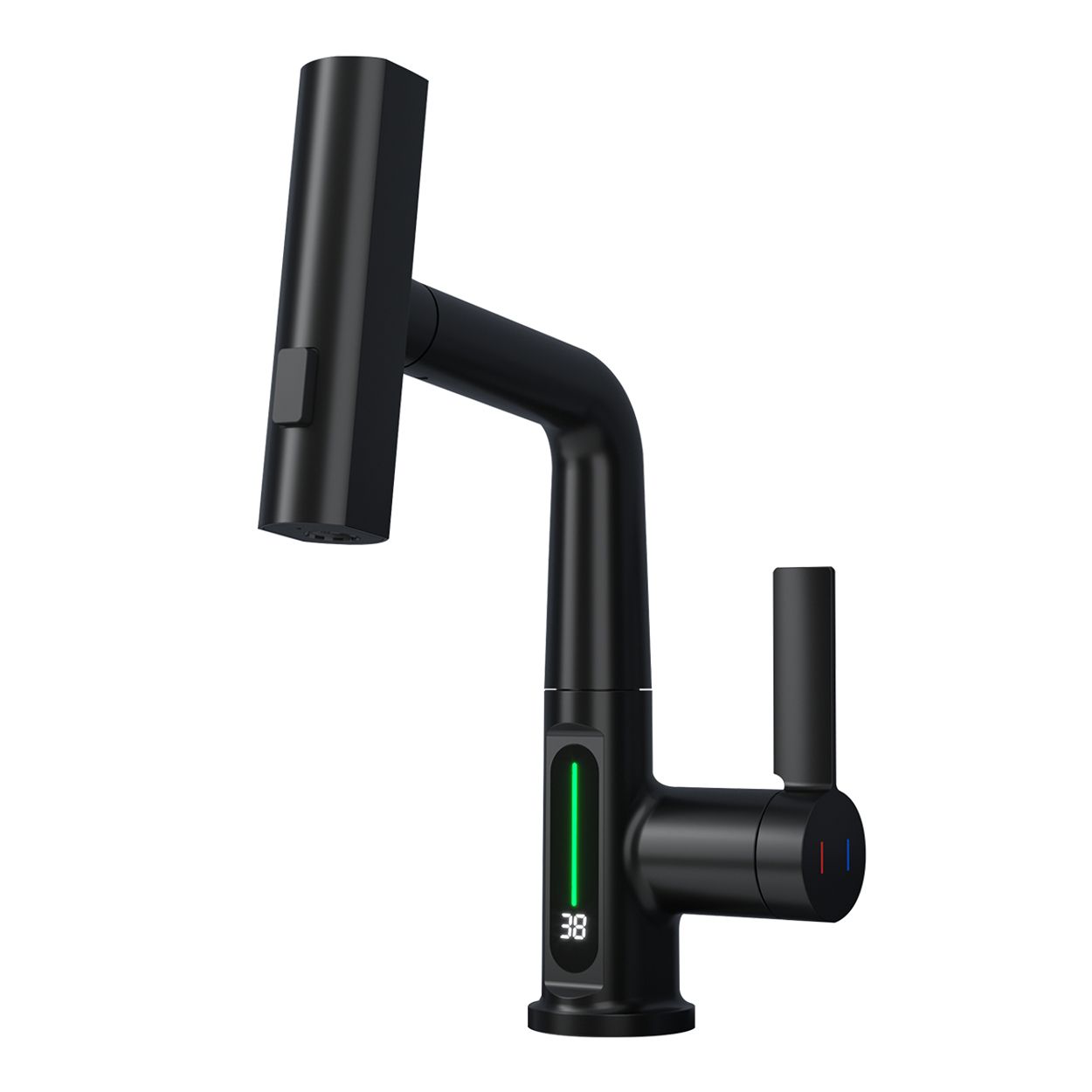 Single Hole Basin Tap with Waterfall, Pull Out Sprayer and LED Temperature Display, Black