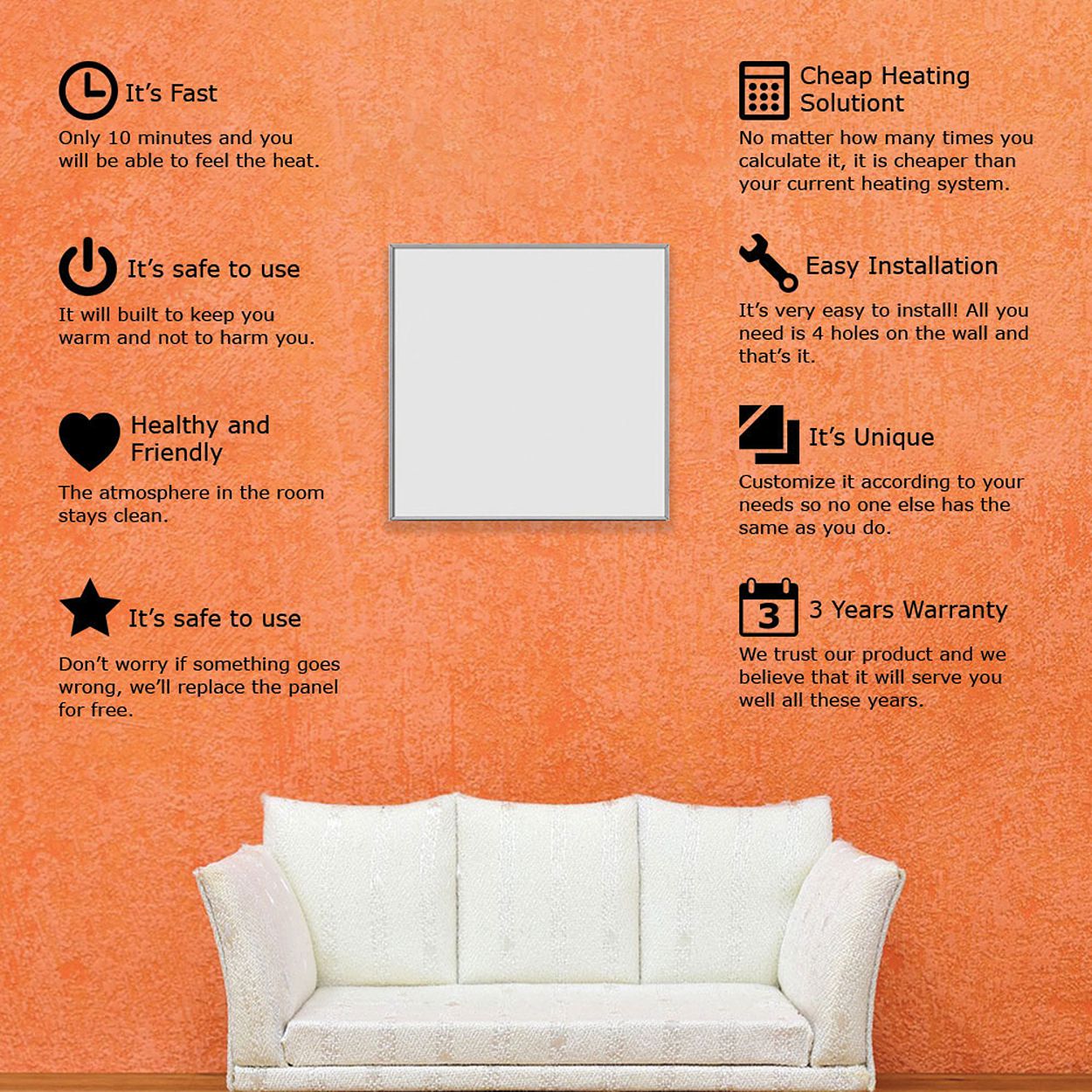 Premium Infrared Heating Panel 595x595mm, 360W, White Body, Plug & Play