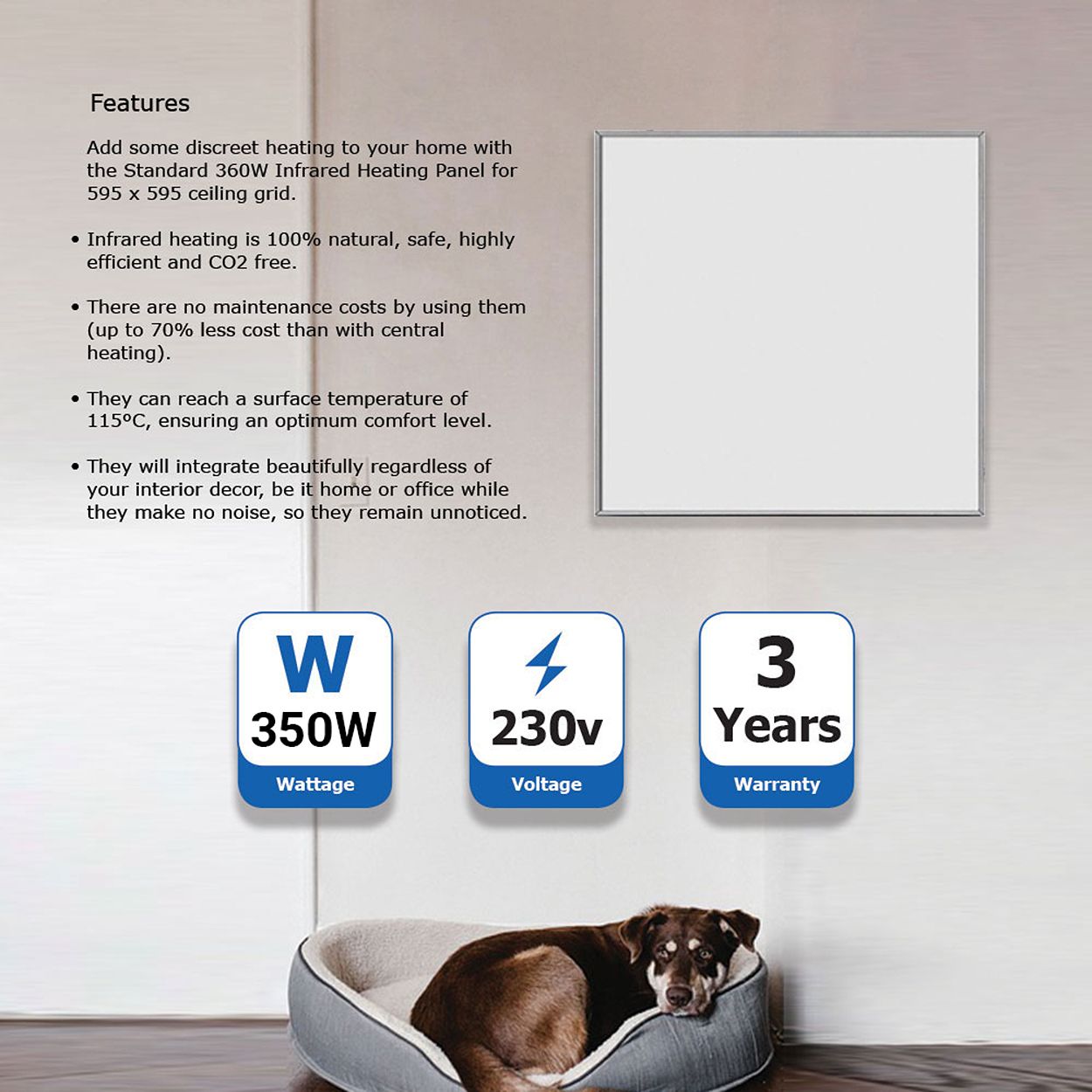 Premium Infrared Heating Panel 595x595mm, 360W, White Body, Plug & Play