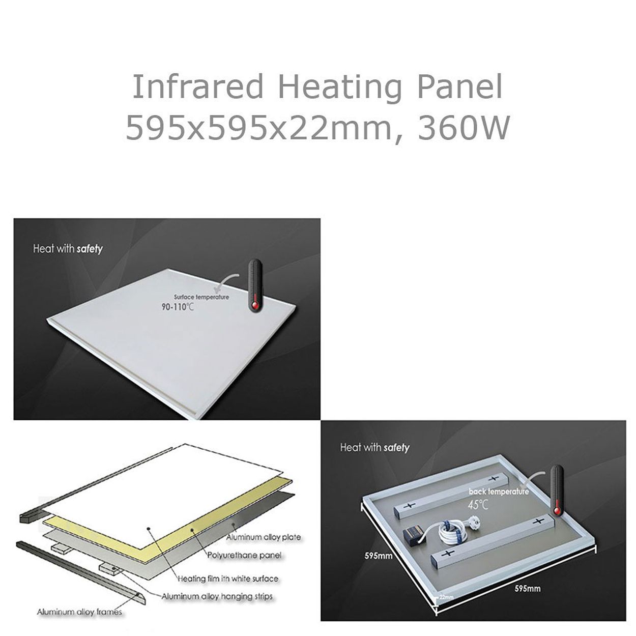 Premium Infrared Heating Panel 595x595mm, 360W, White Body, Plug & Play