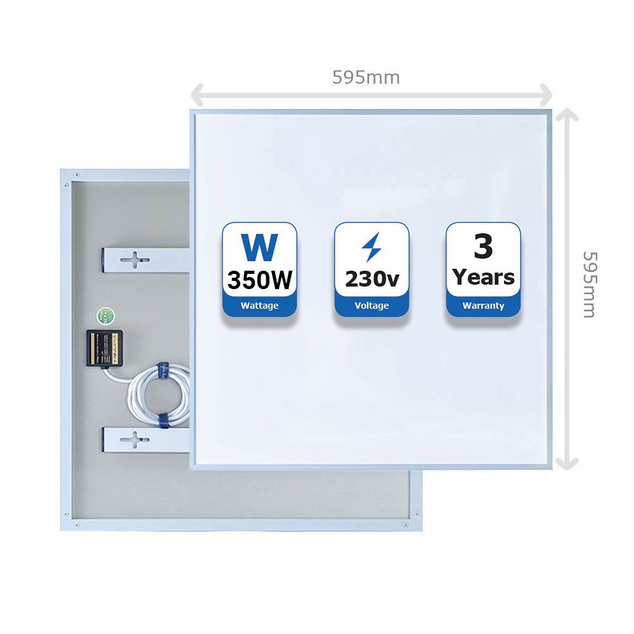 Premium Infrared Heating Panel 595x595mm, 360W, White Body, Plug & Play