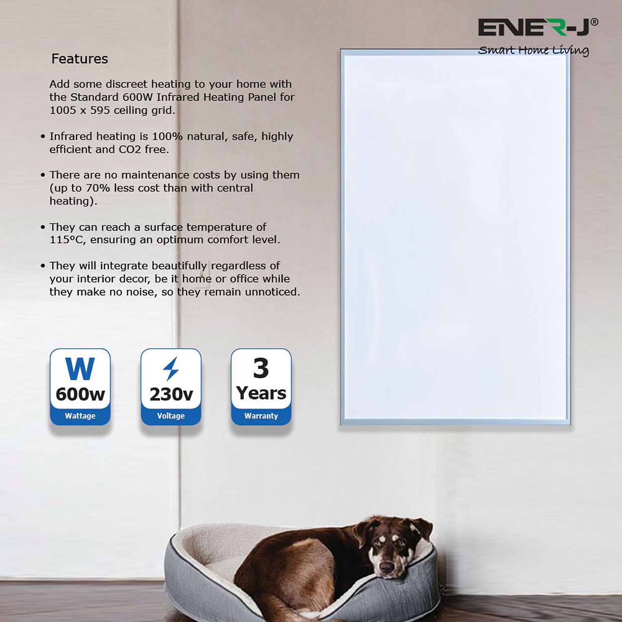 Premium Infrared Heating Panel, 1005x595mm, 600W, White Body, Plug & Play