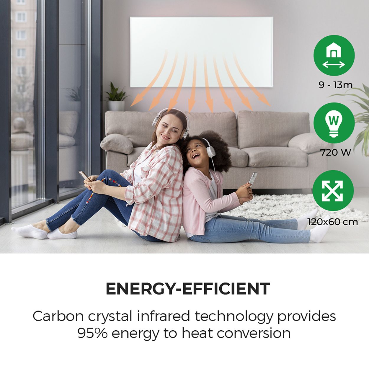 Premium Infrared Heating Panel 1195x595mm, 720W White Body, Plug & Play