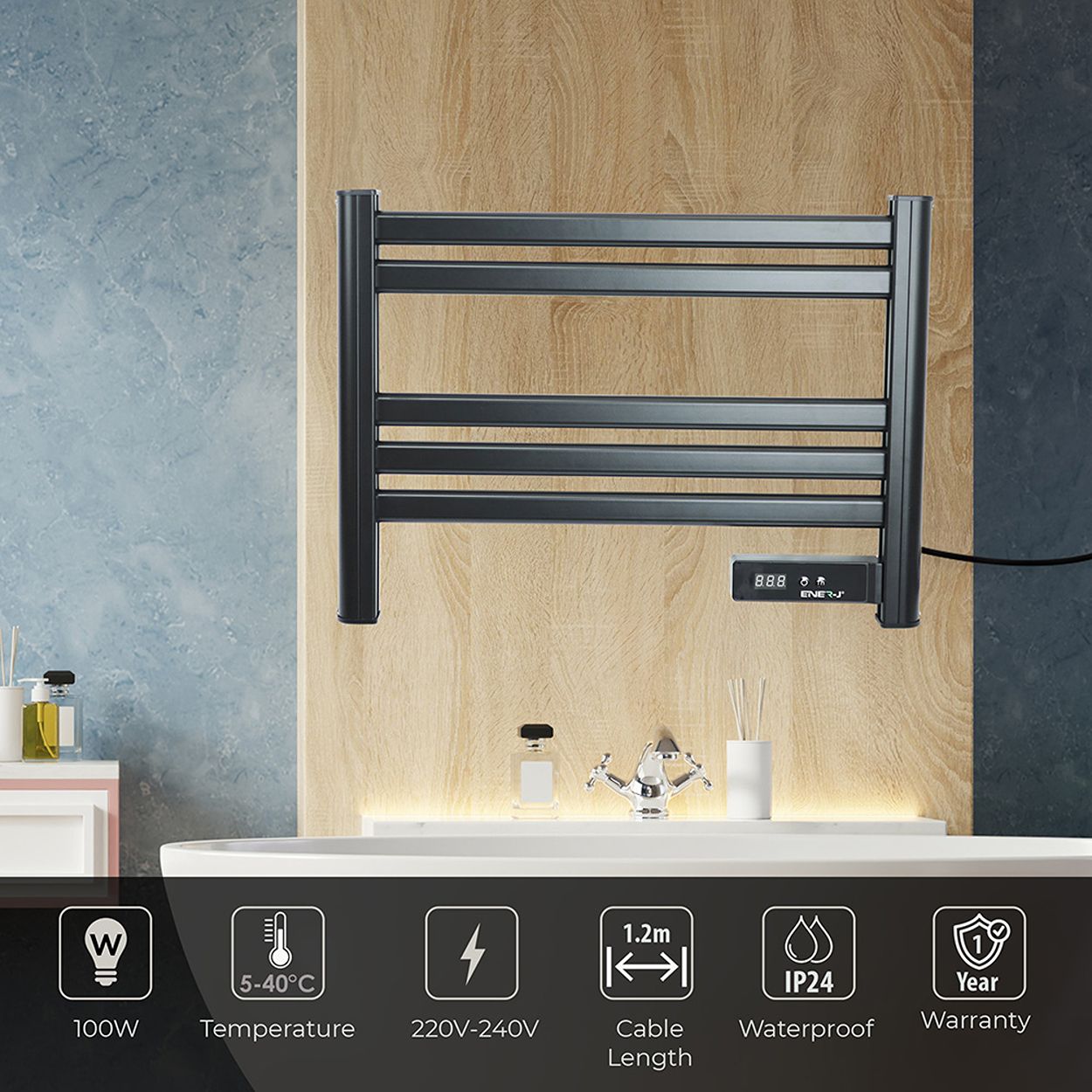 Infrared Heating Towel Rail LED Screen with BS plug 1.2 m for Bathroom IP24 White