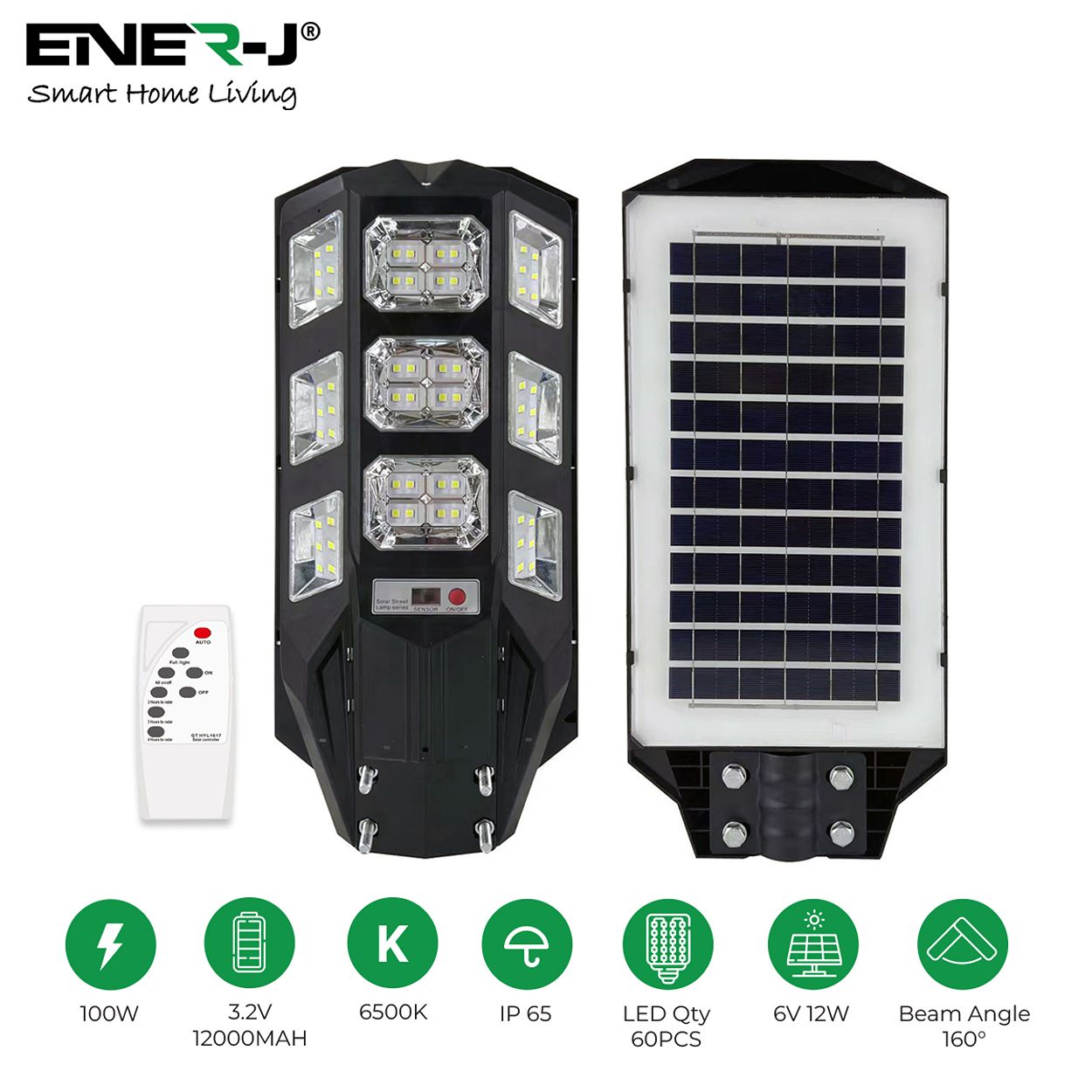 100W LED Solar Street Light with Sensors and Remote, IP66 Waterproof, High-Efficiency Solar Panels