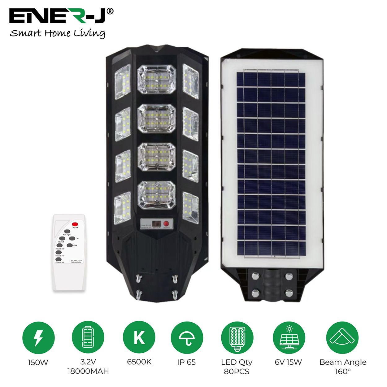 150W LED Solar Street Light with Sensors and Remote, IP66 Waterproof, High-Efficiency Solar Panels